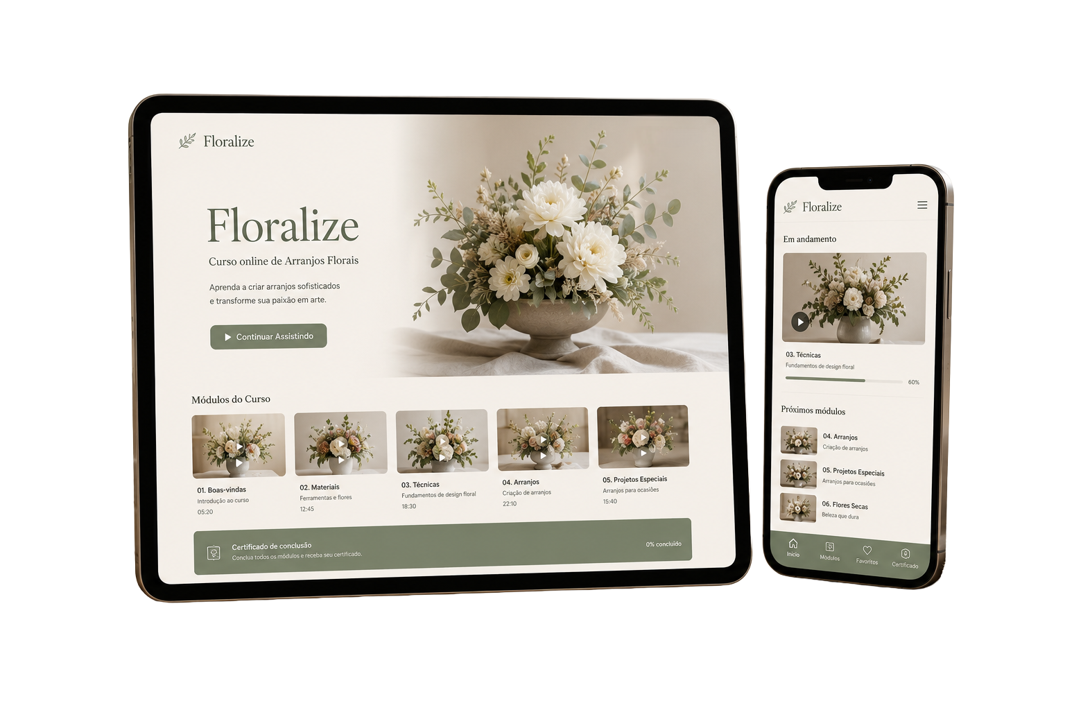 Interface do curso Floralize em tablet e smartphone